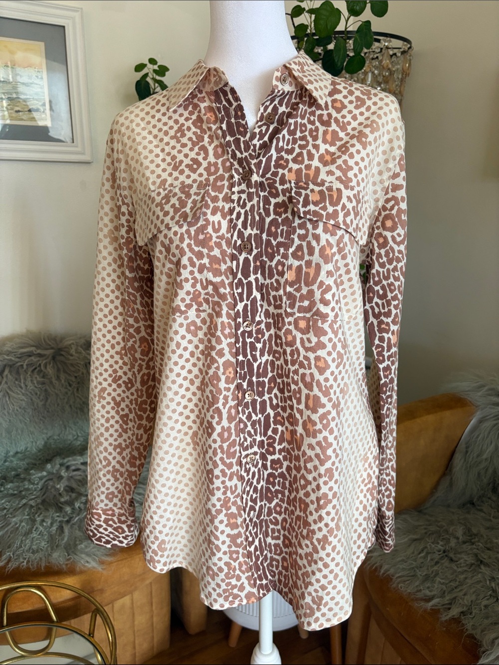 Equipment Beige and Brown Animal Print Button-Down Shirt